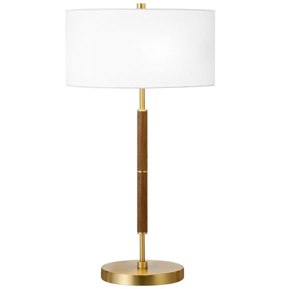 Evelyn&Zoe Simone 25" Tall 2-Light Table Lamp with Fabric Shade, Rustic Oak/Brass/White