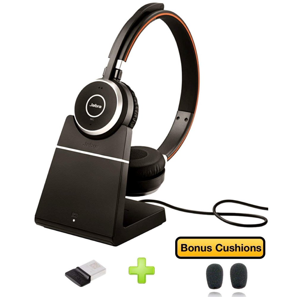 Jabra Evolve 65 Bluetooth Duo UC Wireless Headphone Bundle Bonus Mic Cushions, USB Dongle
