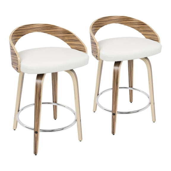 Grotto Mid-Century Modern Counter Stool With Swivel In Zebra Wood And White Faux Leather - Set Of 2
