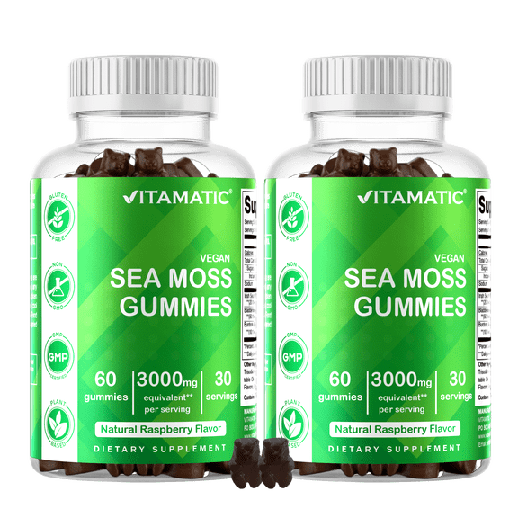 2 Pack Vitamatic Irish Sea Moss Gummies - 3000 mg - 60 Vegan Gummies - Made with Bladderwrack & Burdock Root - Seamoss Supplement for Thyroid, Energy, Immune Support