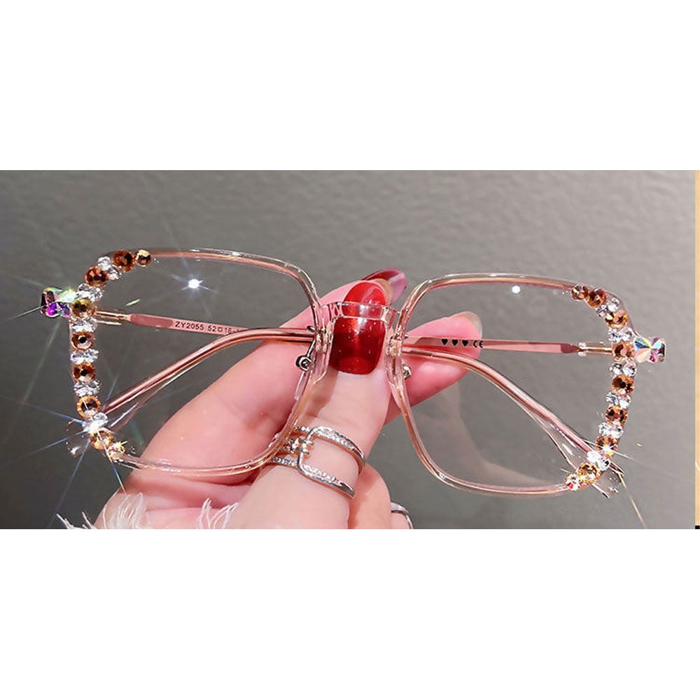 Ladies Photochromic Gray Blue Light Blocking Presbyopic Glasses, Oversized Bling Party Reading Glasses for Women, Brown Square Eyeglasses Frame (Photochromic Gray)
