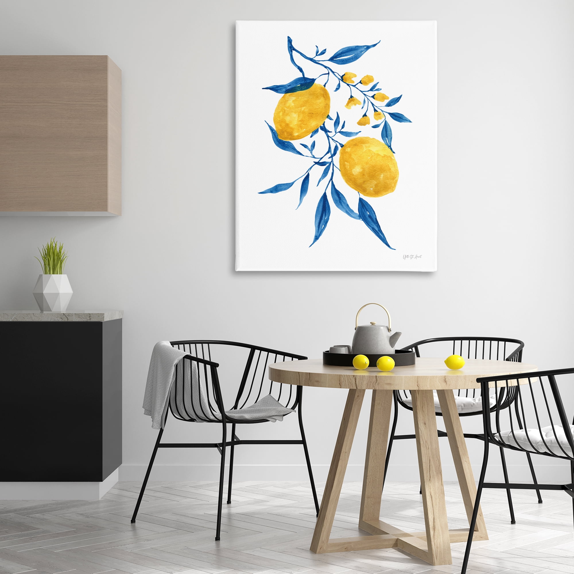 Stupell Industries Lemons with Blue Leaves Food & Beverage Painting Wrapped Canvas Art Print Wall Art, 36 x 48