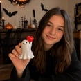 thumbnail image 4 of Halloween Ghost Figurine, Resin Polished Cute White Ghost Statue Holding Pumpkin or Red Heart, Small Tabletop Halloween Decor for Home Office Mantel Tiered Tray Fall Spooky Party Ornament, 4 of 4