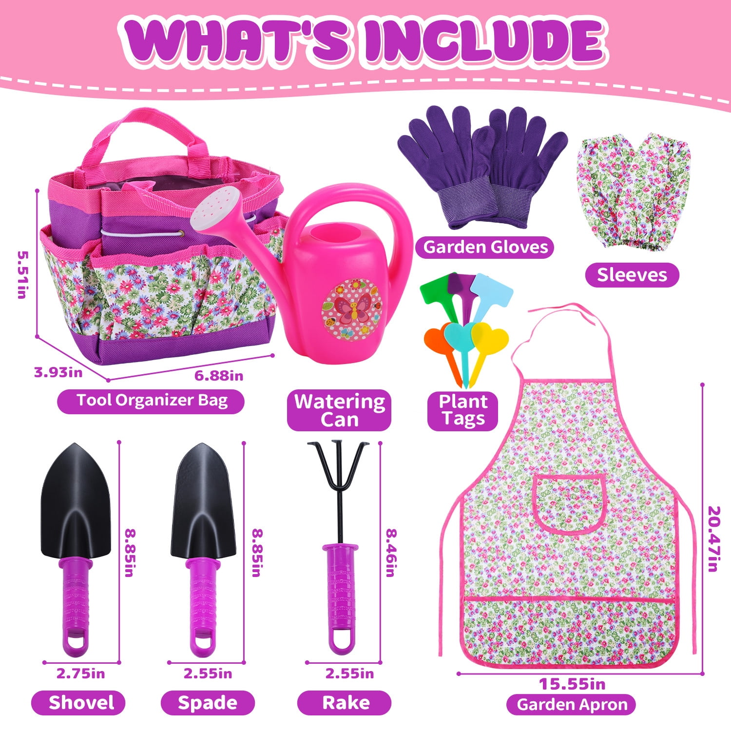 JoyStone 16PCS Kids Gardening Tool Set with Floral Apron & Tote Bag, Watering Can, Gloves, Shovel & Rake, Outdoor Yard Gift for Toddlers Ages 3+