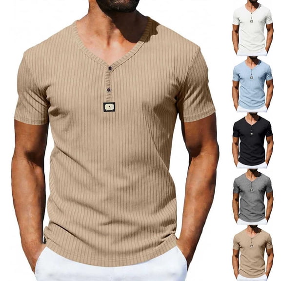 Bxsruta Men's Casual Ribbed Henley Short Sleeve V Neck Cotton Slim Fit Muscle T Shirt