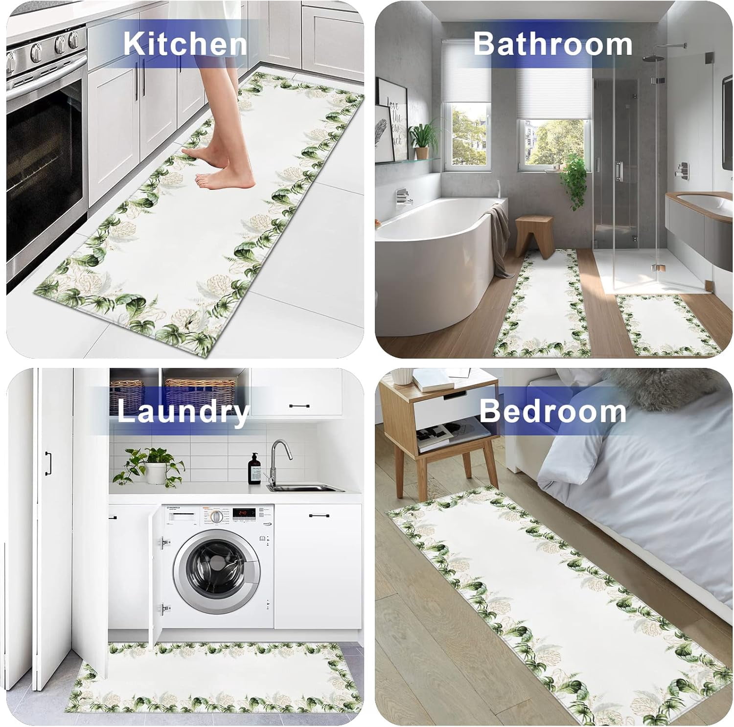 Watercolor Kitchen Rugs and Mats Set of 2, Tropical Palm Tree Leaf Golden Lines Non-Slip Floor Doormat Comfort Area Runner Rug and Mat, Boho Leaves Frame Indoor Entrance Carpet Home Decor