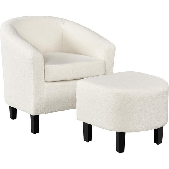 Accent Chair and Ottoman Set, Modern Fuzzy Sherpa Barrel Chair and Footrest, Comfy Boucle Armchair and Footstool for Living Room/Bedroom/Reading Room/Guestroom, Ivory