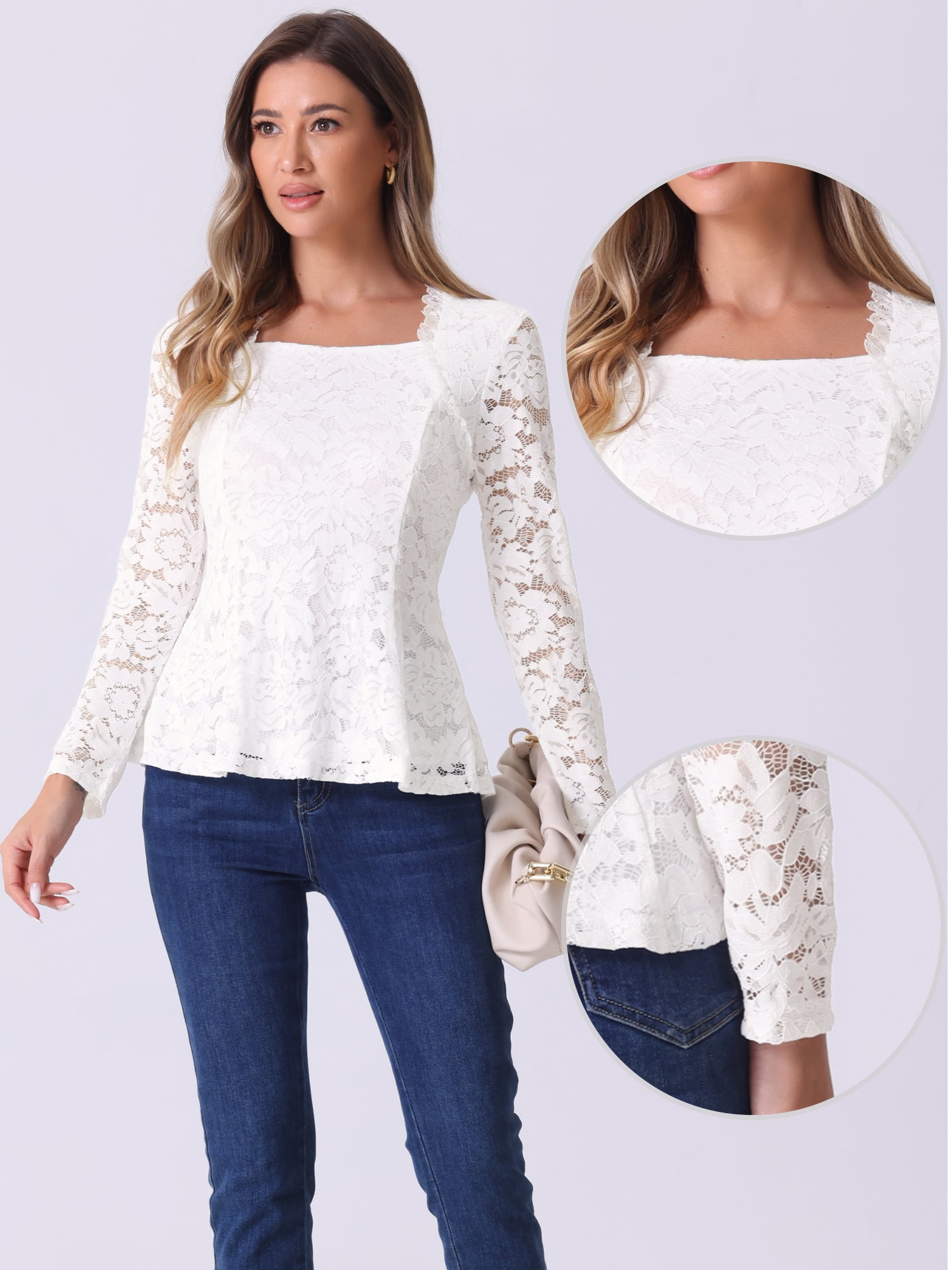 DARING DIVA Women's Lace Square Neck Long Sleeve Stretch Peplum Blouses XL White