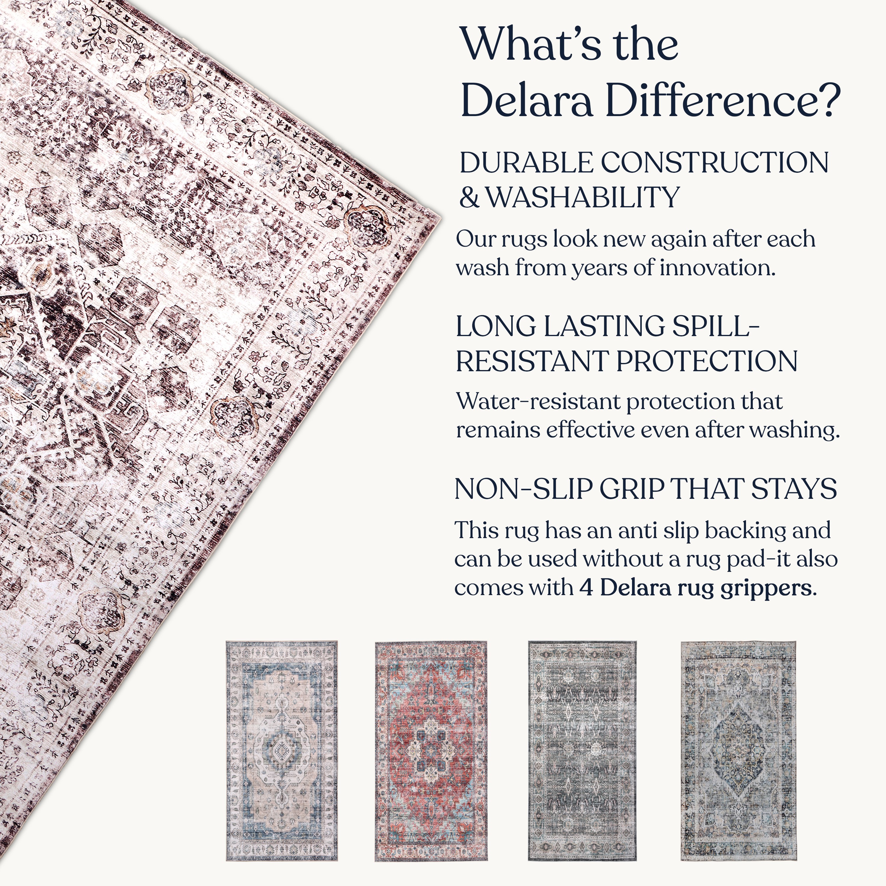 Delara 2.5'x10' Machine Washable Area Rug, Soft & Durable, Non-Slip, Stain Resistant, Vintage Cocoa, for Bedroom, Living & Dining Room