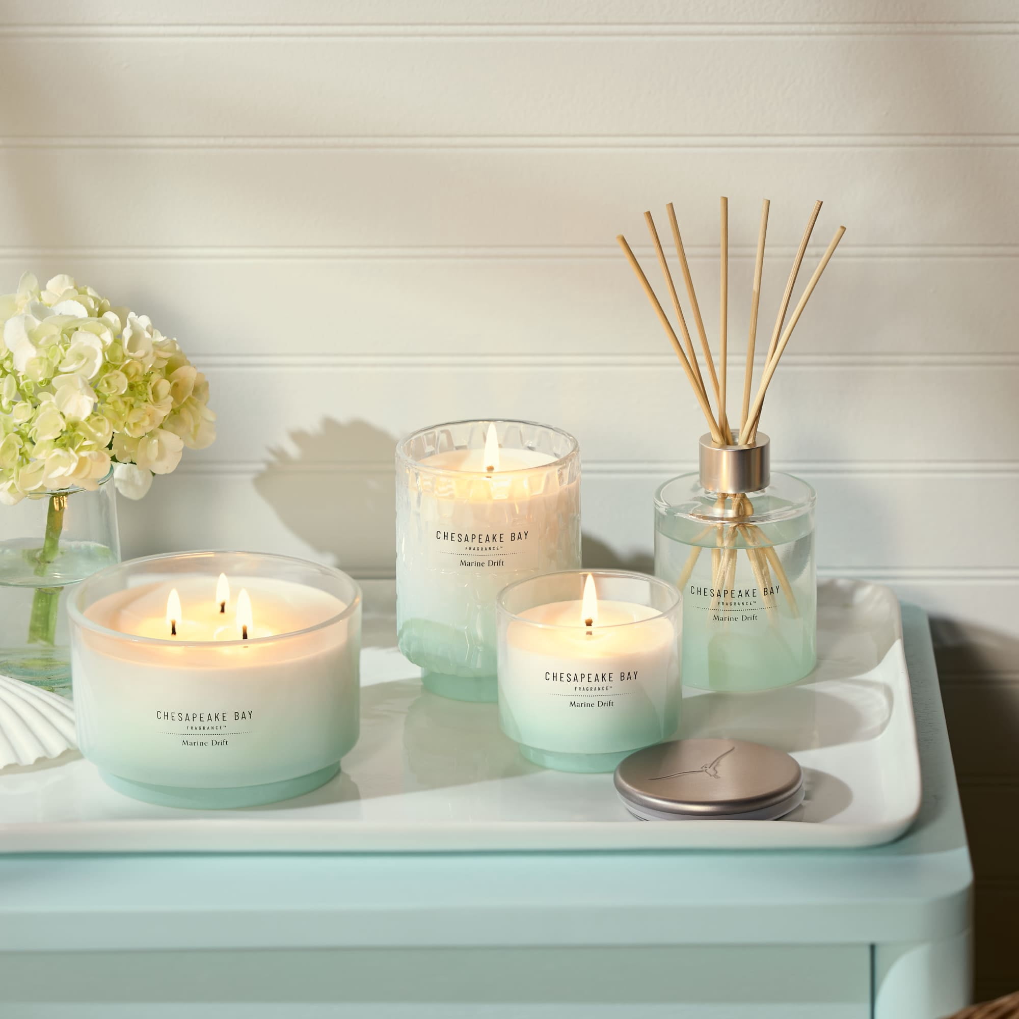 Chesapeake Bay Candle 8 oz | Marine Drift Scent |Exclusive Mood Evoking Fragrance |Textured Sea Glass-Inspired Jar | Premium Soy Blend Wax with Essential Oils