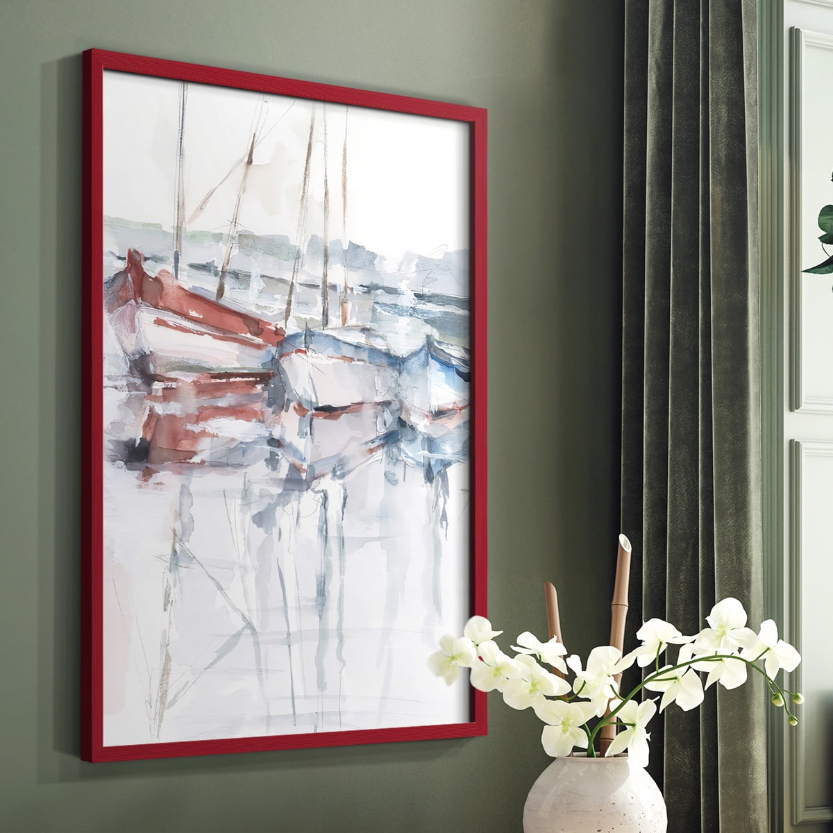Watercolor Harbor Study II Framed Print in Red Solid Wood 11 x 14 Framed Print