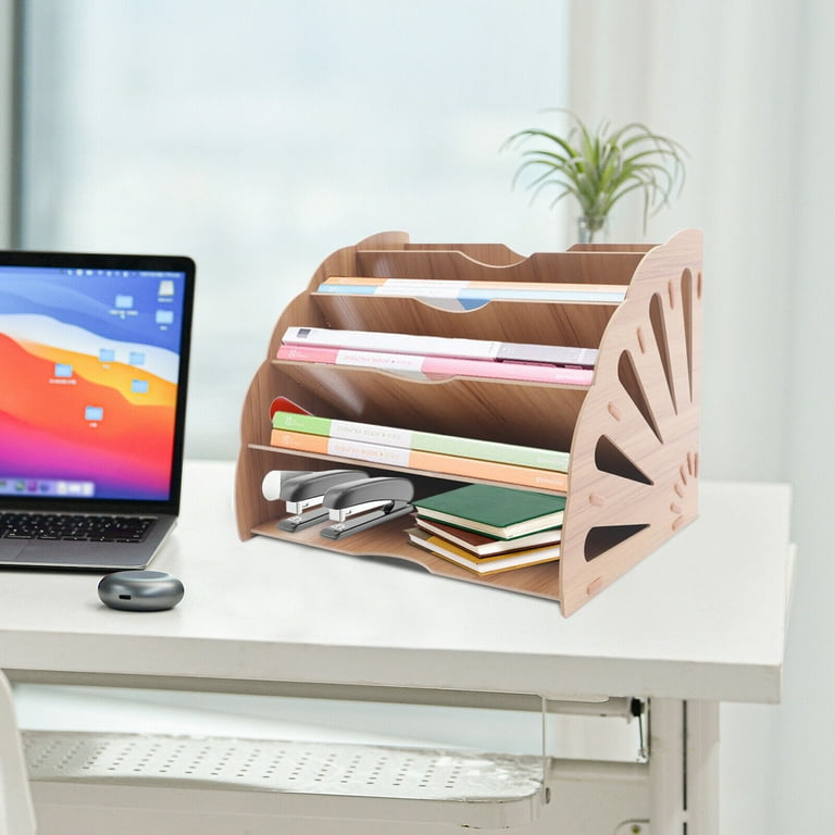 Fan Shaped Office Desk Organisers, 6 Compartments with Wood Patterned