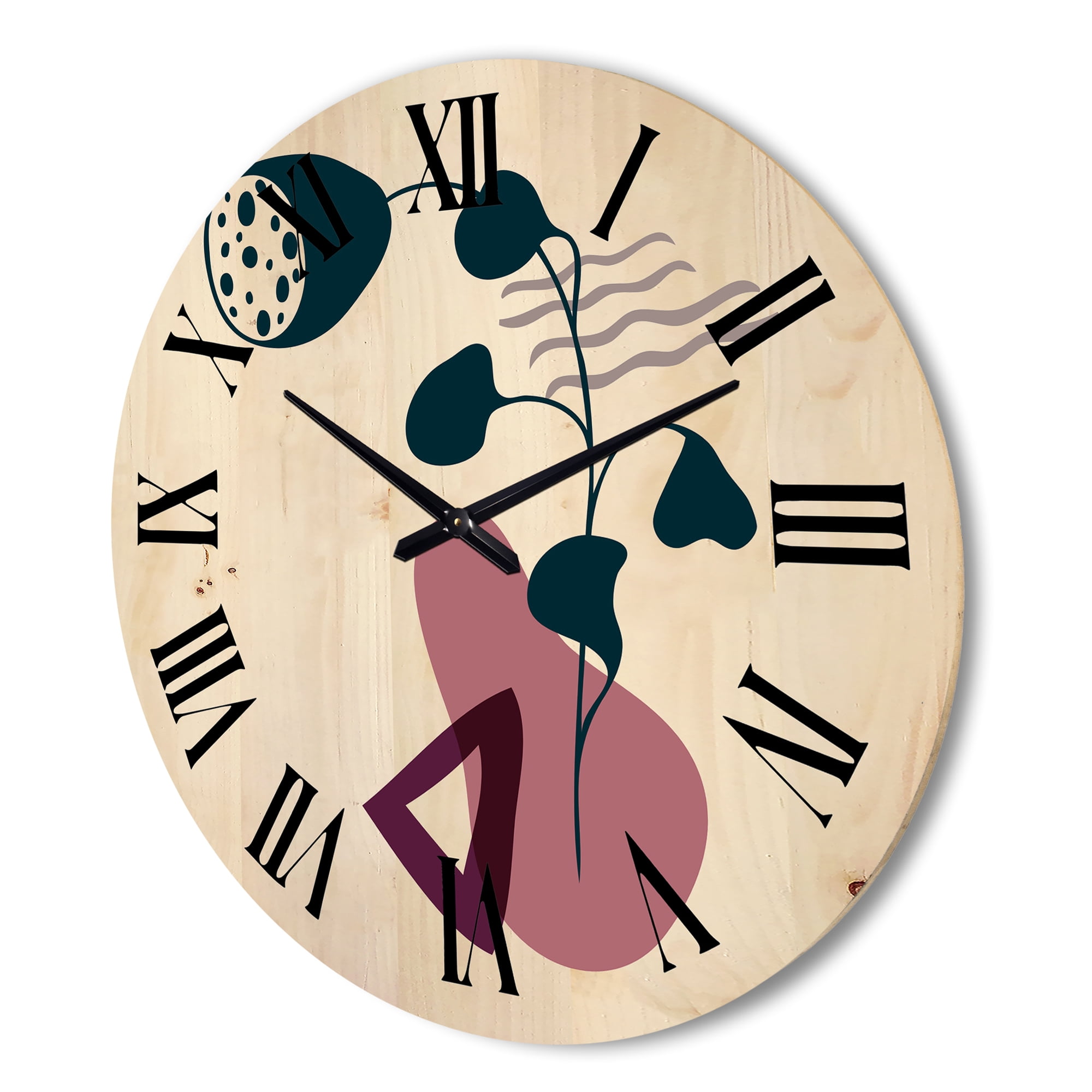 Designart 'Abstract Flowers Plants With Elementary Shapes V' Modern Wood Wall Clock