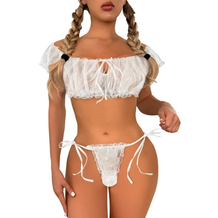 CZSCPDAW Lingerie For Women Sexy See Through Swimsuit Cover Up Boudoir Pajama Cute Young Ladies Transparent Lace Top And Thong Girls Daisy Underwear See Through Two Piece Set Lingerie