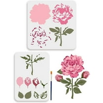 2pcs Layered Peony Flower Stencils 11.8×11.8/11.7×8.3inch Large Garden Flower Stencil with Paint Brush Blooming Peony Leaves Drawing Templates for Furniture Wood Wall Tile Canvas Fabric