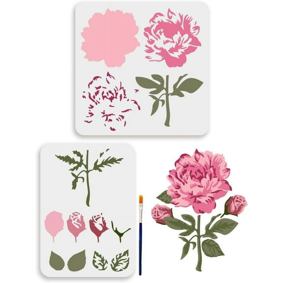 2pcs Layered Peony Flower Stencils 11.8×11.8/11.7×8.3inch Large Garden Flower Stencil with Paint Brush Blooming Peony Leaves Drawing Templates for Furniture Wood Wall Tile Canvas Fabric DIY Flower
