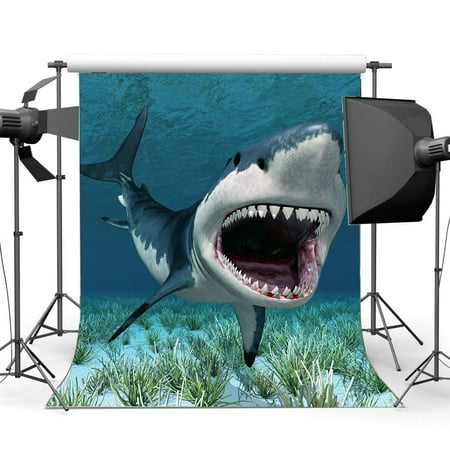 Image of ABPHOTO Polyester 5x7ft Cartoon Shark Backdrop Underwater World Green Grass Aquarium Ocean Sailing Photography Background for Baby Shower Girls Boys Happy Birthday Party Décor Photo Studio Props