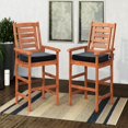 thumbnail image 1 of CorLiving Miramar Solid Wood Outdoor Bar Height Bar Stools with Slatted Backs, Armrests and Cushions, Brown/Black (Set of 2), 1 of 9