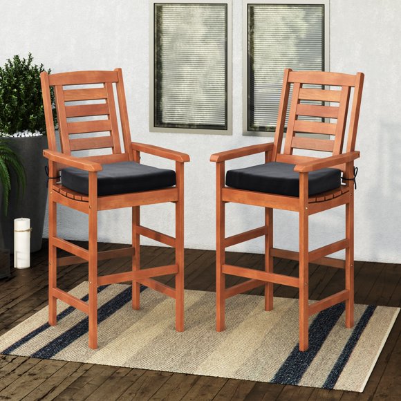 CorLiving Miramar Solid Wood Outdoor Bar Height Bar Stools with Slatted Backs, Armrests and Cushions, Brown/Black (Set of 2)