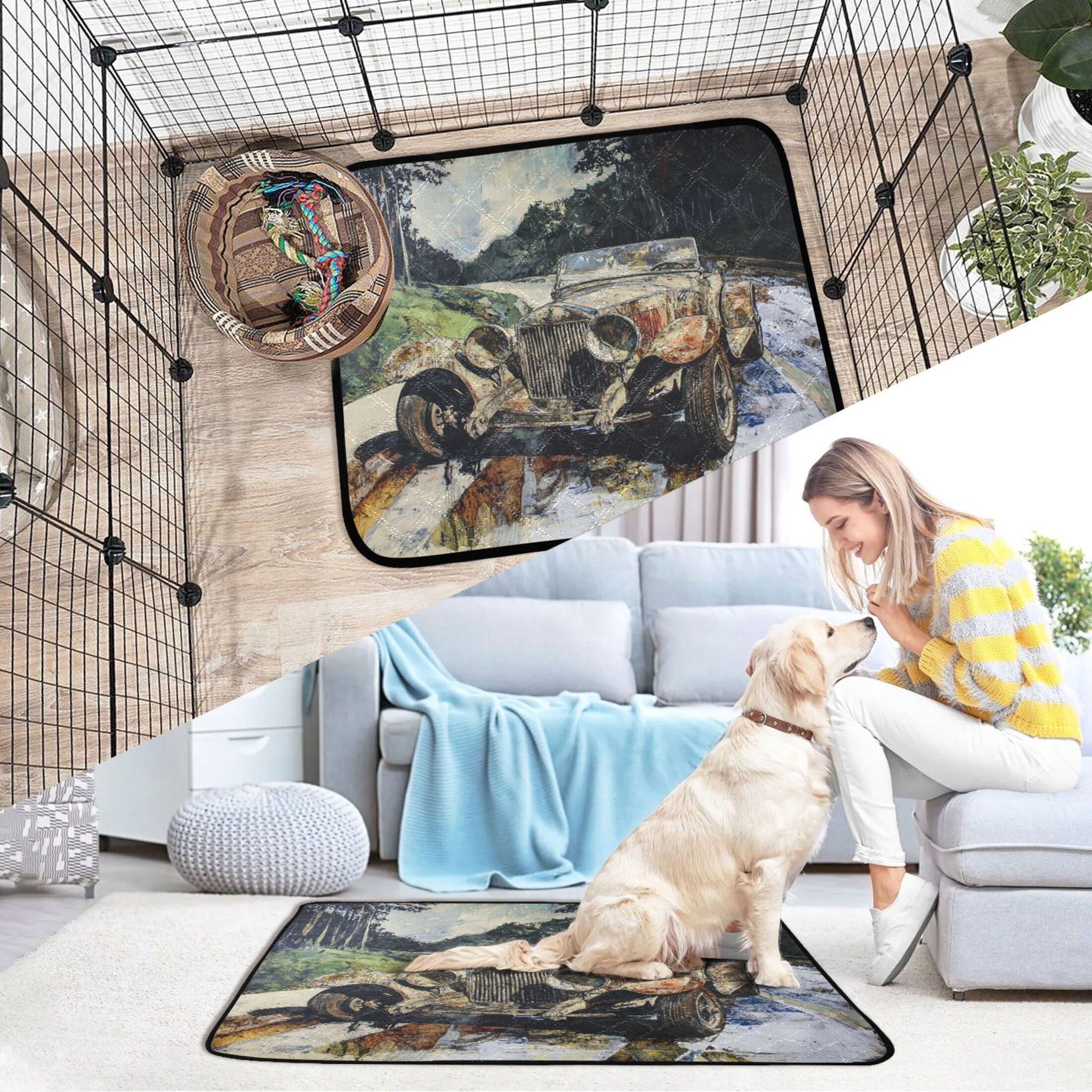 Qxltty Ancient Cars Cat litter Pads Pet Set of 3 Diaper Mats Center Anti-leakage Layer Absorbent Soft and Comfortable