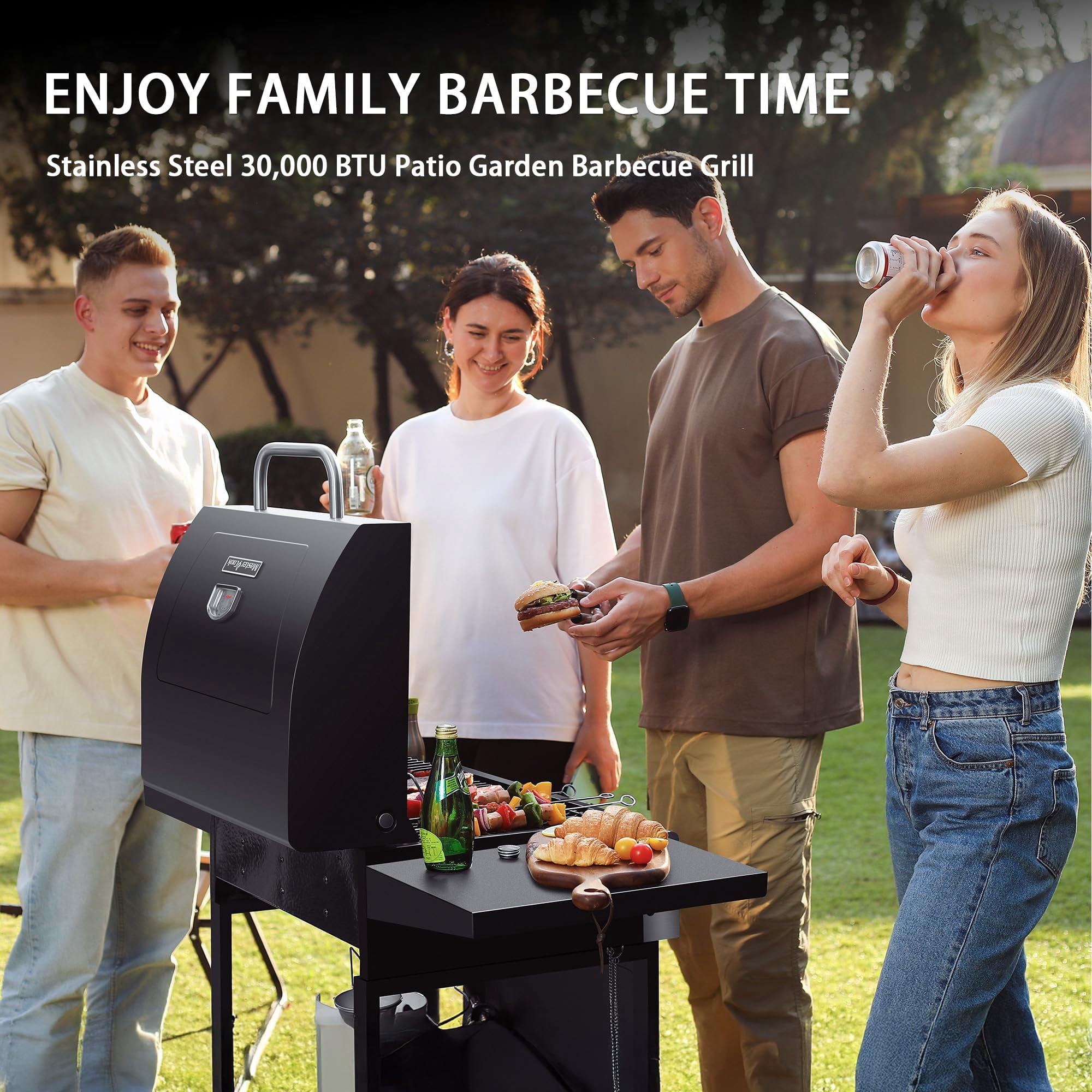 Master Cook 3-Burner Propane Gas Grill, 472 Sq In Cooking Area, 30,000 BTU Outdoor BBQ Grill for Patio, Backyard