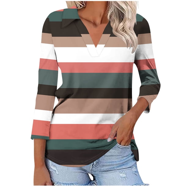 Camiseta de Solapa de Cuello en V de la Manga Superior de 3/4 de las Mujeres, Uso Diario Cómodo Casual