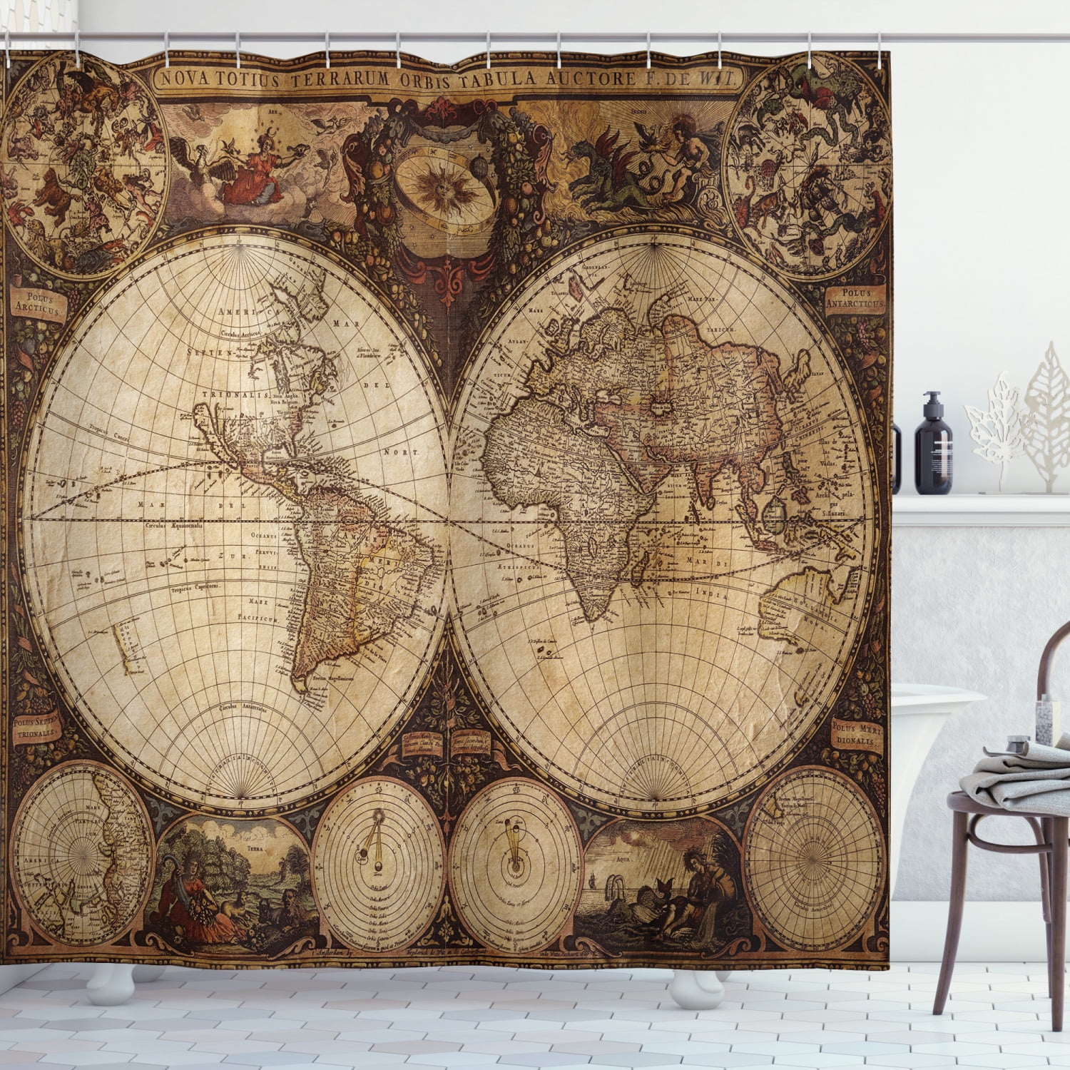 Ancient Navigation Map Polyester Fabric Shower Curtain Set Bathroom Decor Hooks 