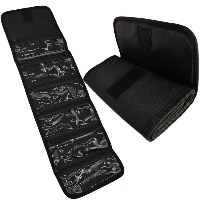 Black Organizer Unisex Envelope Travel Wallet with 6 Zippered Pocket Multipack Money Pouch