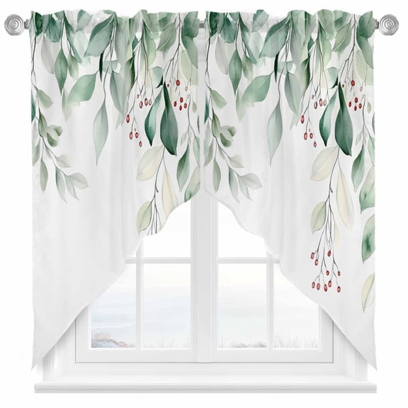 Sage Green Swag Valances for Windows 2 Pack Eucalyptus Leaves Watercolor Leaf Red Fruit Farm Swag Kitchen Curtains 36 Inches Long Rod Pocket Short Window Treatment for Kitchen Bathroom 36"x36"