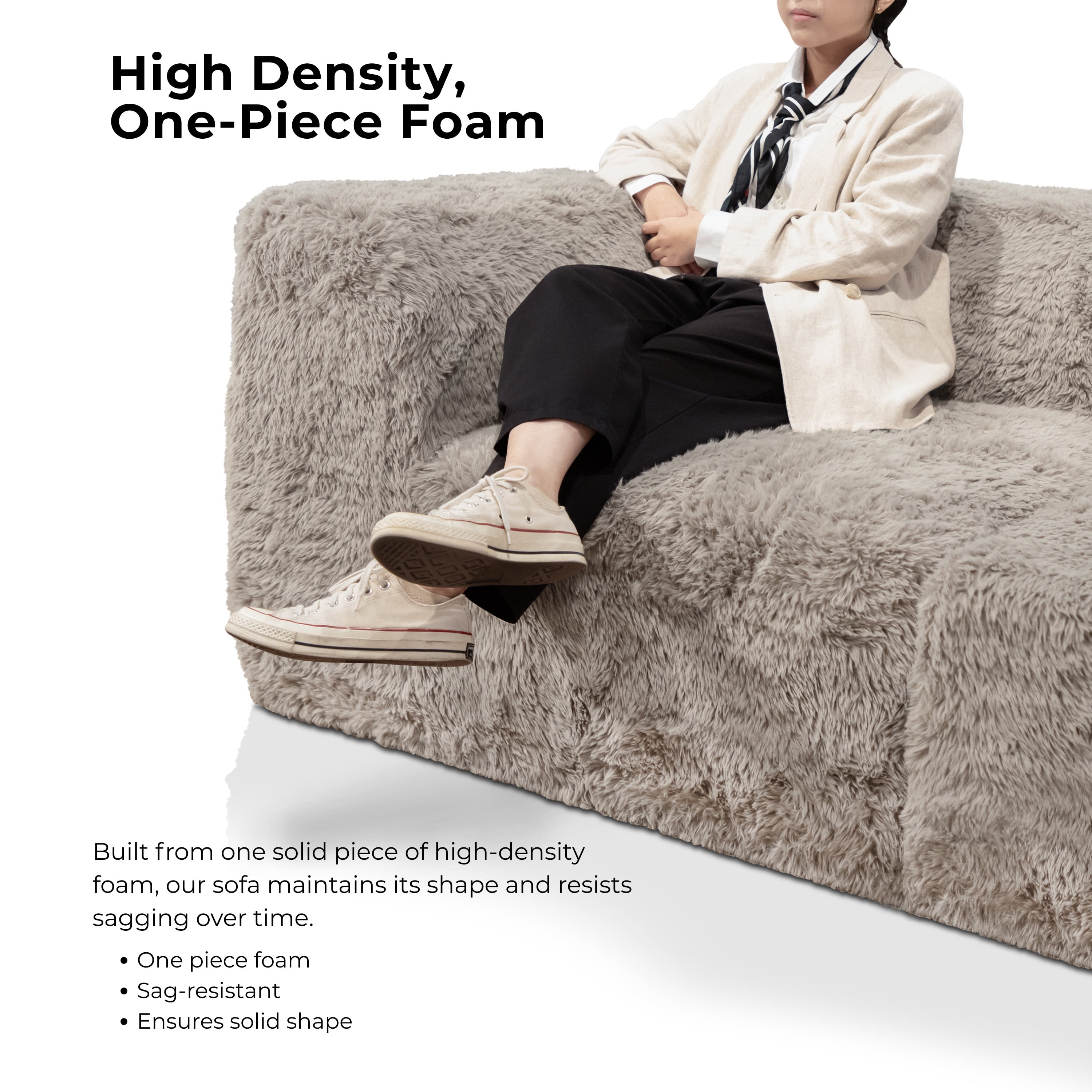 Furniture of America Pom Modern Faux Fur Modular Compressed Corner Chair, Sand Beige