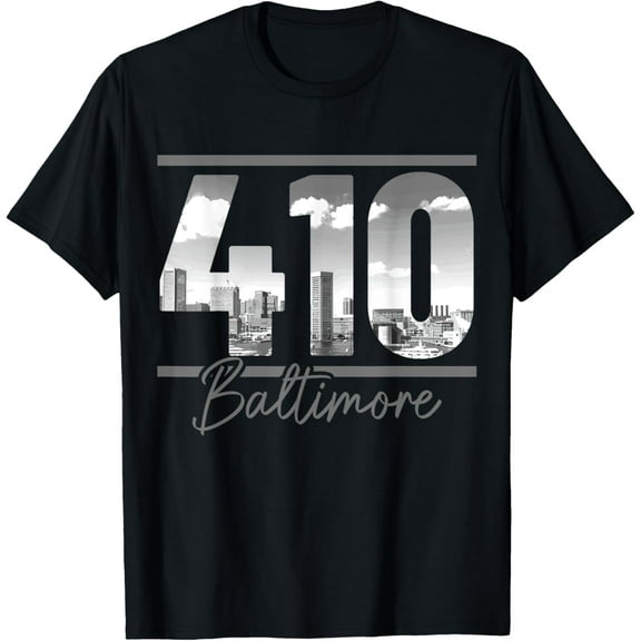 Baltimore 410 Area Code Skyline Maryland Vintage T-ShirtMen and women, Black T-shirt, size: Extra large