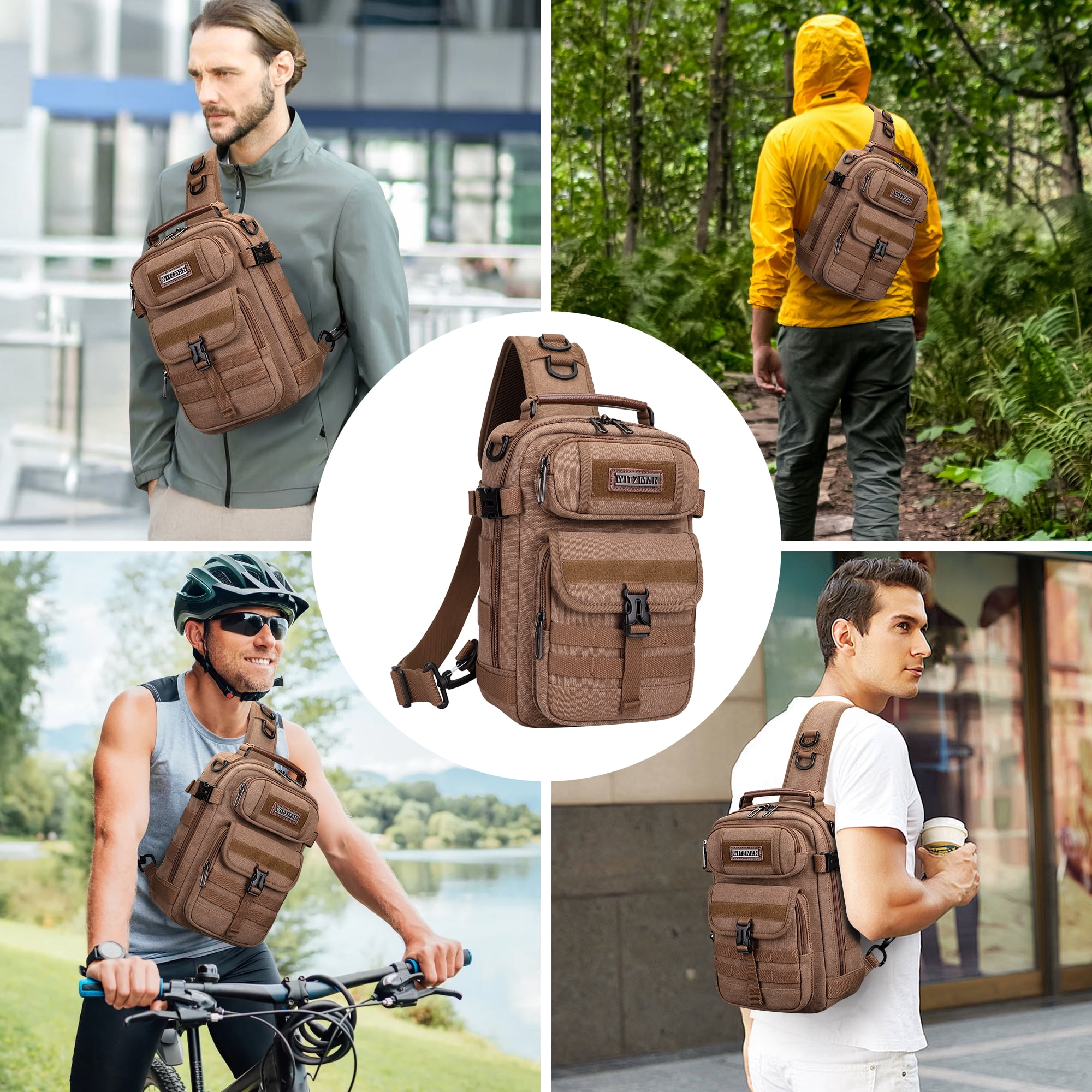 WITZMAN Sling Bag for Men Canvas Casual Chest Bag with USB Charging Port for Travel Daily Work(A8021 Brown)