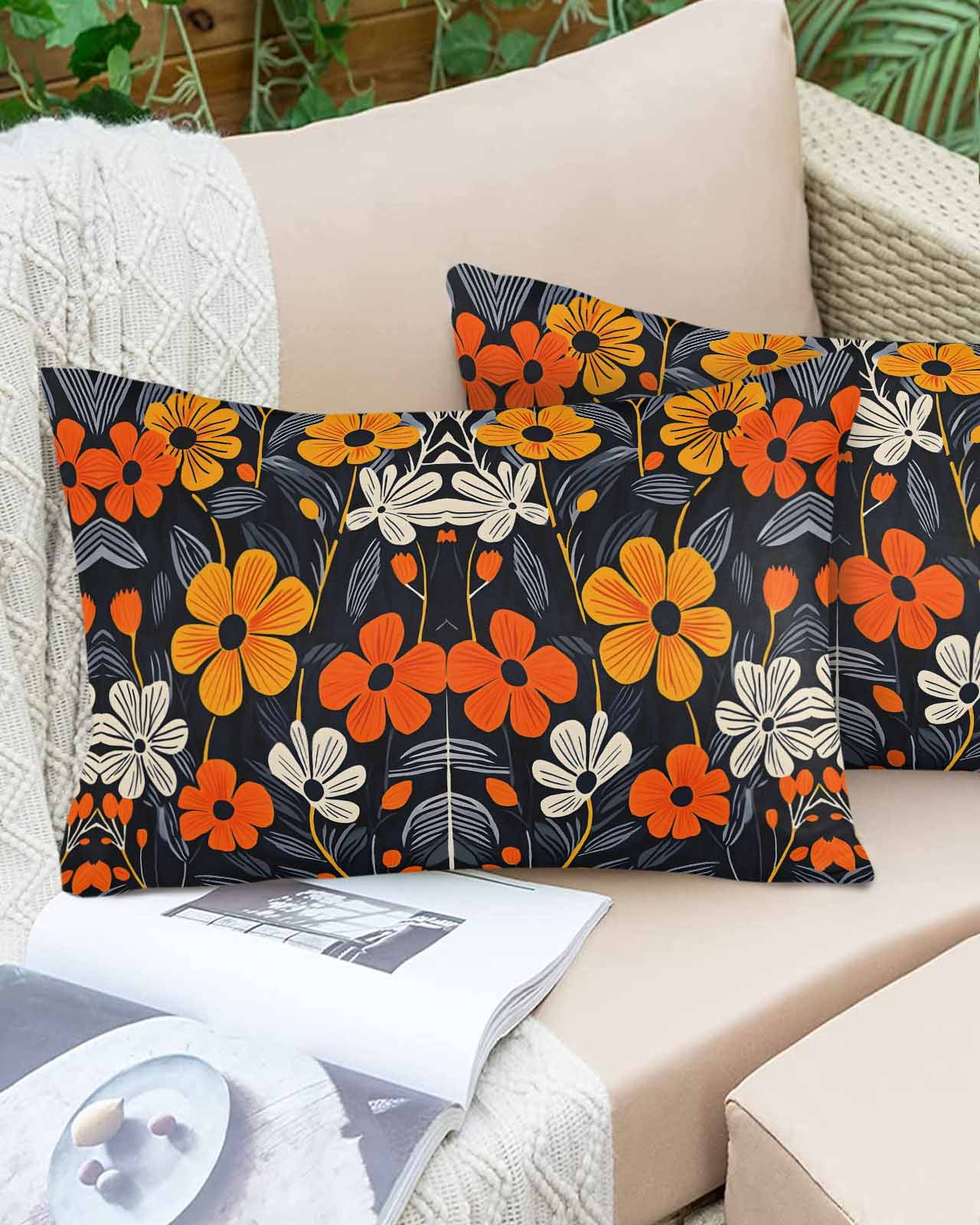 Orange Spring Floral Throw Pillow Cover 24 x 36 Inch Decorative Pillow Cover Black Summer Botanical Leaf Lumbar Pillowcase Seasonal Rectangle Cushion Case for Couch Sofa Bed Living Room