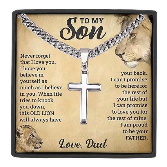 MASALADI To My Son Cross Necklace from Dad, Inspirational Lion Stainless Steel Cuban Chain Jewelry Gift for Graduation Birthday