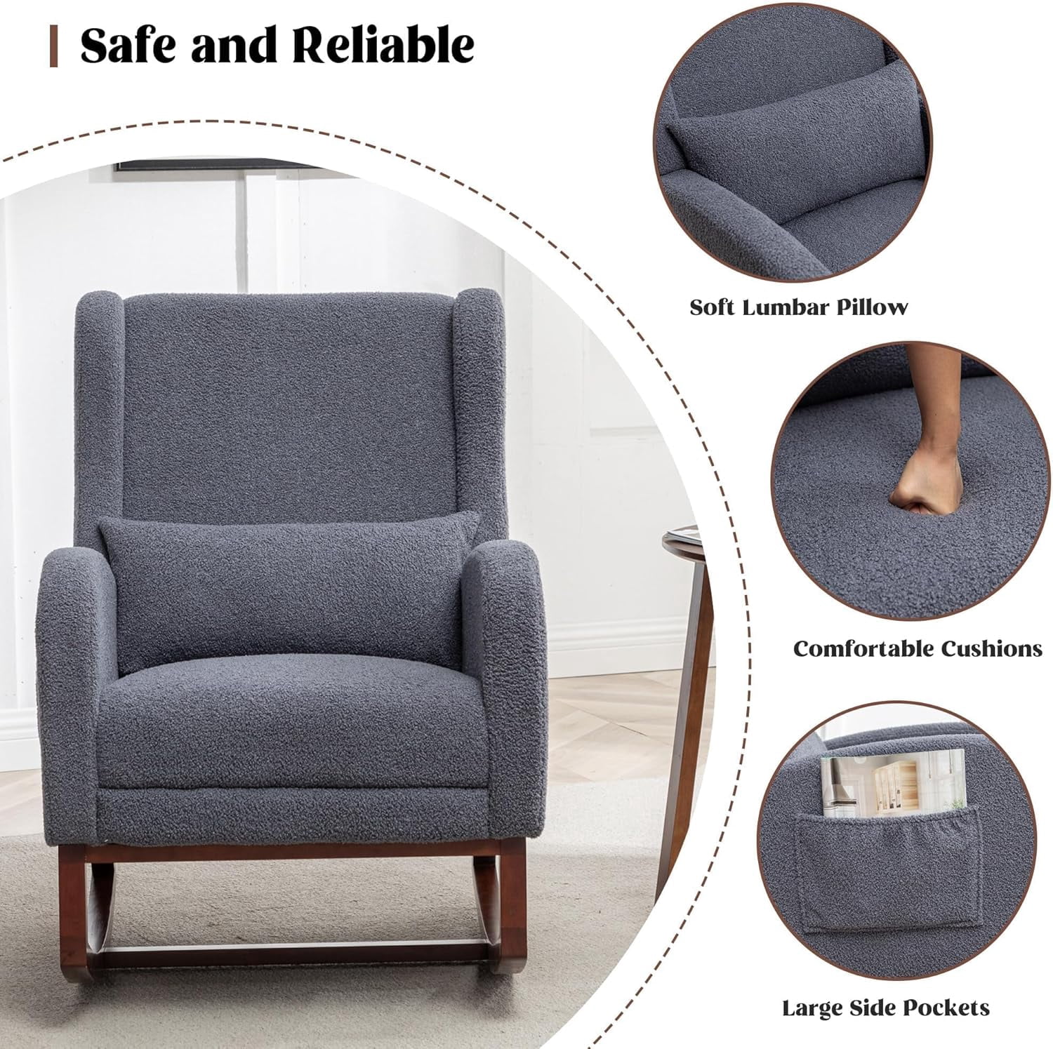 HCHAIRH Rocking Chair with Foot Rest,Teddy Nursery Rocking Chairs, Wingback Nursing Glider Rocker Chair with Pillow and High Back for Nursery, Living Room, Bedroom, Dark Grey