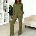 thumbnail image 2 of Women Summer Set Two Pieces Outfit Set Long Sleeve Point Lap Collar Button Down Shirt Wide Leg Pants Casual Vacation Matching Pants Set, 2 of 4