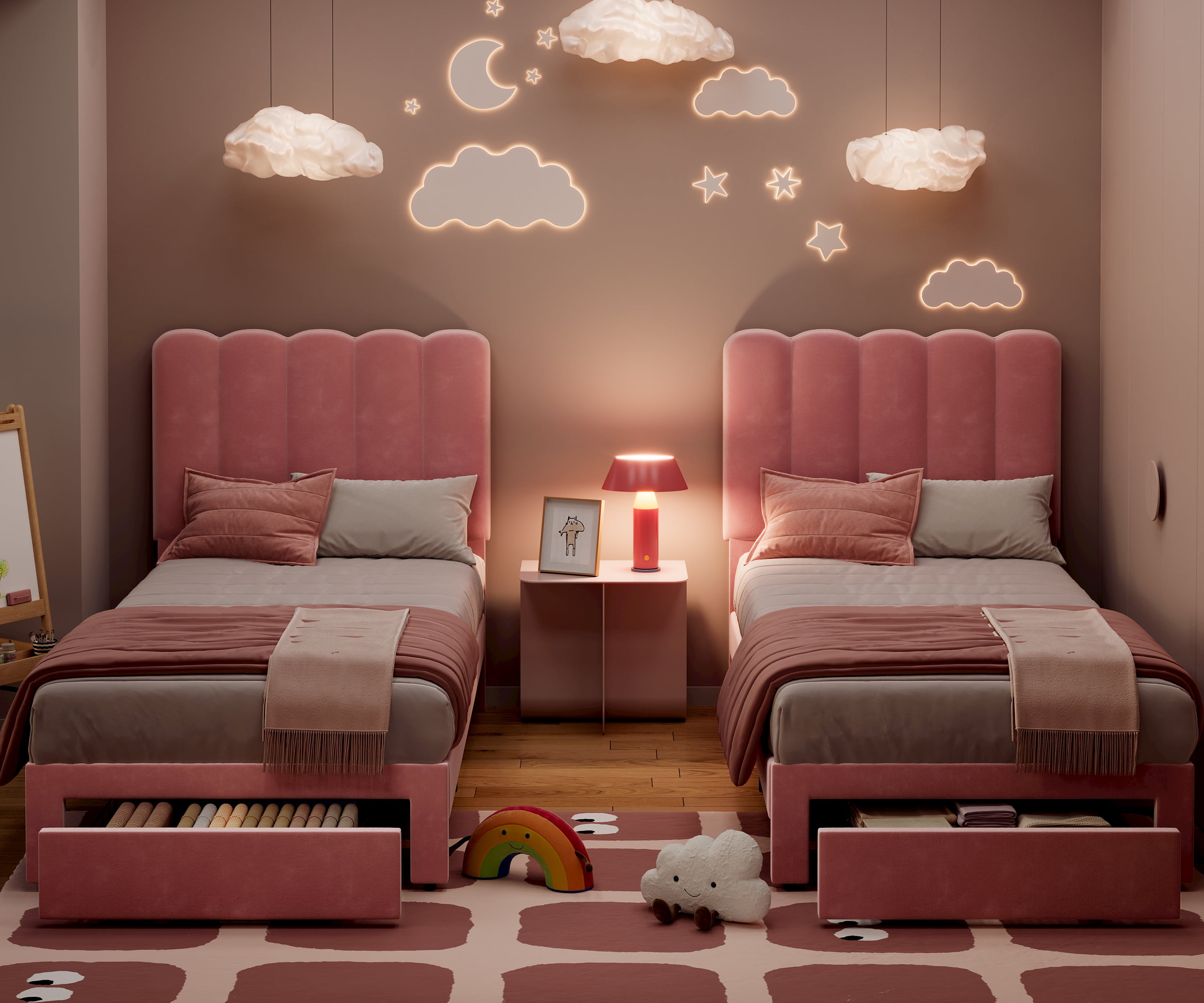 Towallmark 2025 New Twin Bed Frame with Under-Bed Drawer, Low Profile Upholstered Platform Bed with Wave Headboard, Wooden Slats Support, Flannel Pink