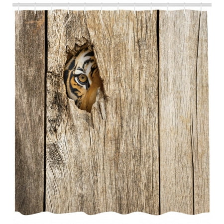 Safari Shower Curtain Siberian Tiger Eye Looking Through Wooden Peep Hole In Spy Predator Big Cat Wild Print Fabric Bathroom Set With Hooks Tan By - 