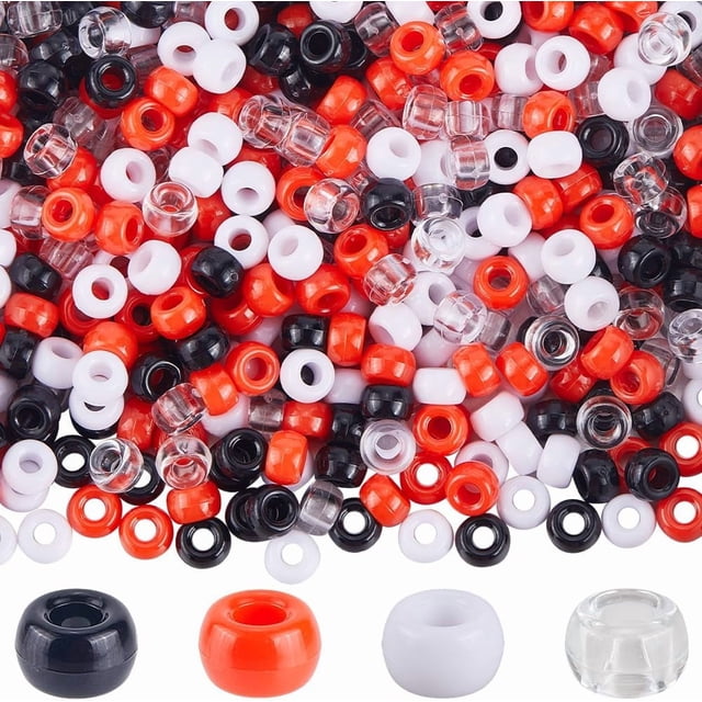 1 Boîte 800 Pcs Perles Poney 6 x 9 mm Perles Poney Rouges Noires Assorties Noël Rouge Noir Petit Baril Blanc Entretoises en Plastique Transparent pour Fabrication de Bijoux Cadeaux de Fête pour Femmes Décorations de Cheveux Artisanat