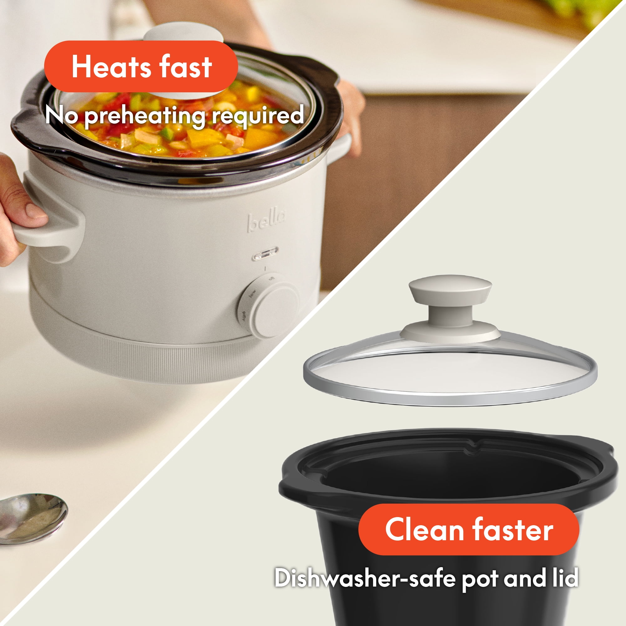 bella 1.5 Qt Manual Slow Cooker with 3 Heat Settings, Ceramic Nonstick Coating, Dishwasher Safe Pot & Tempered Glass Lid, Oatmilk