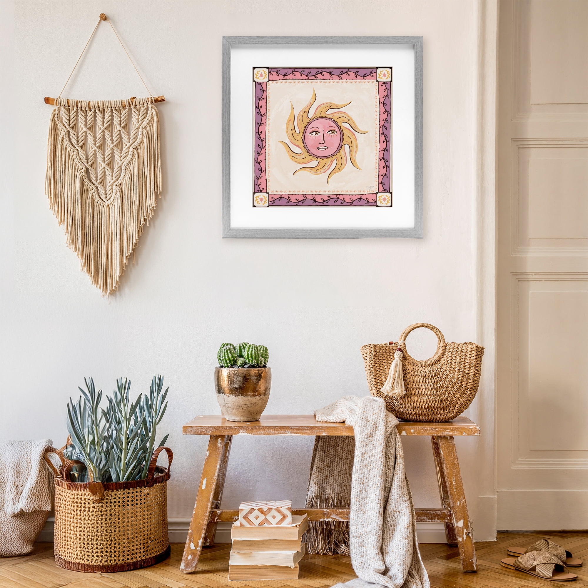 Stupell Industries Pink Sun Face with Leaf Border Gray Framed Print Under Glass, design by Two If By Sea Studios