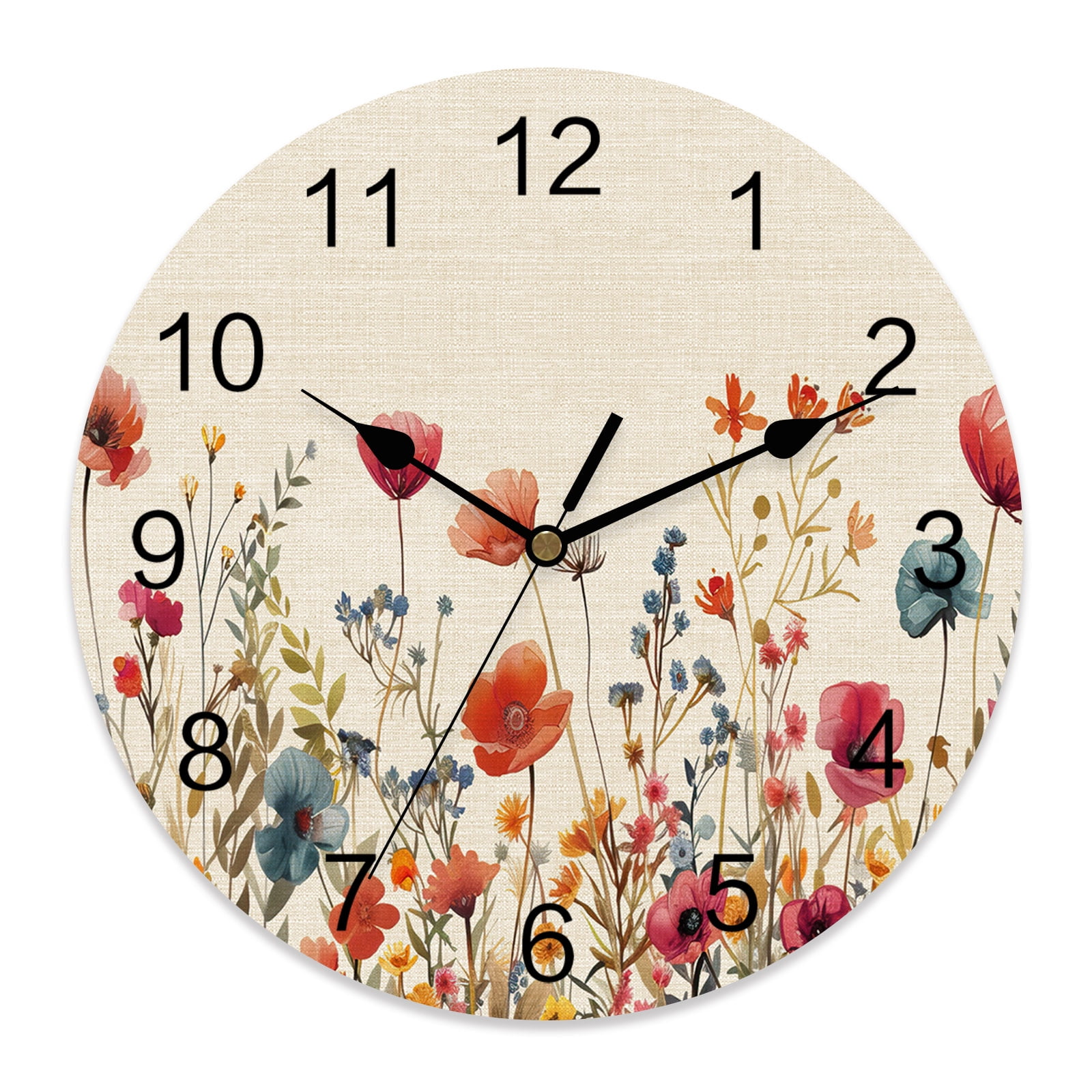 14 Inch Red Flowers Wall Clock, Plants Watercolor Floral Retro Linen Battery Operated Silent Non Ticking Clocks, Easy to Read Round Wall Clock for Kitchen/Living Room/Bedroom/Bathroom