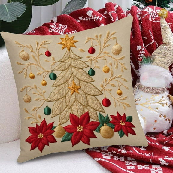 Embroidered Christmas Decorative Throw Pillow Covers - Christmas Tree with Poinsettia & Gold Leaves,18x18in Linen Cushion Case,Perfect for Sofa Couch Winter Holiday Home Decor