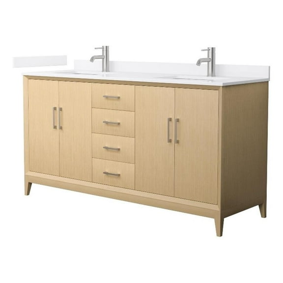 Janna 66" White Oak Double Vanity & White Quartz Top (1-Hole) & Nickel Trim