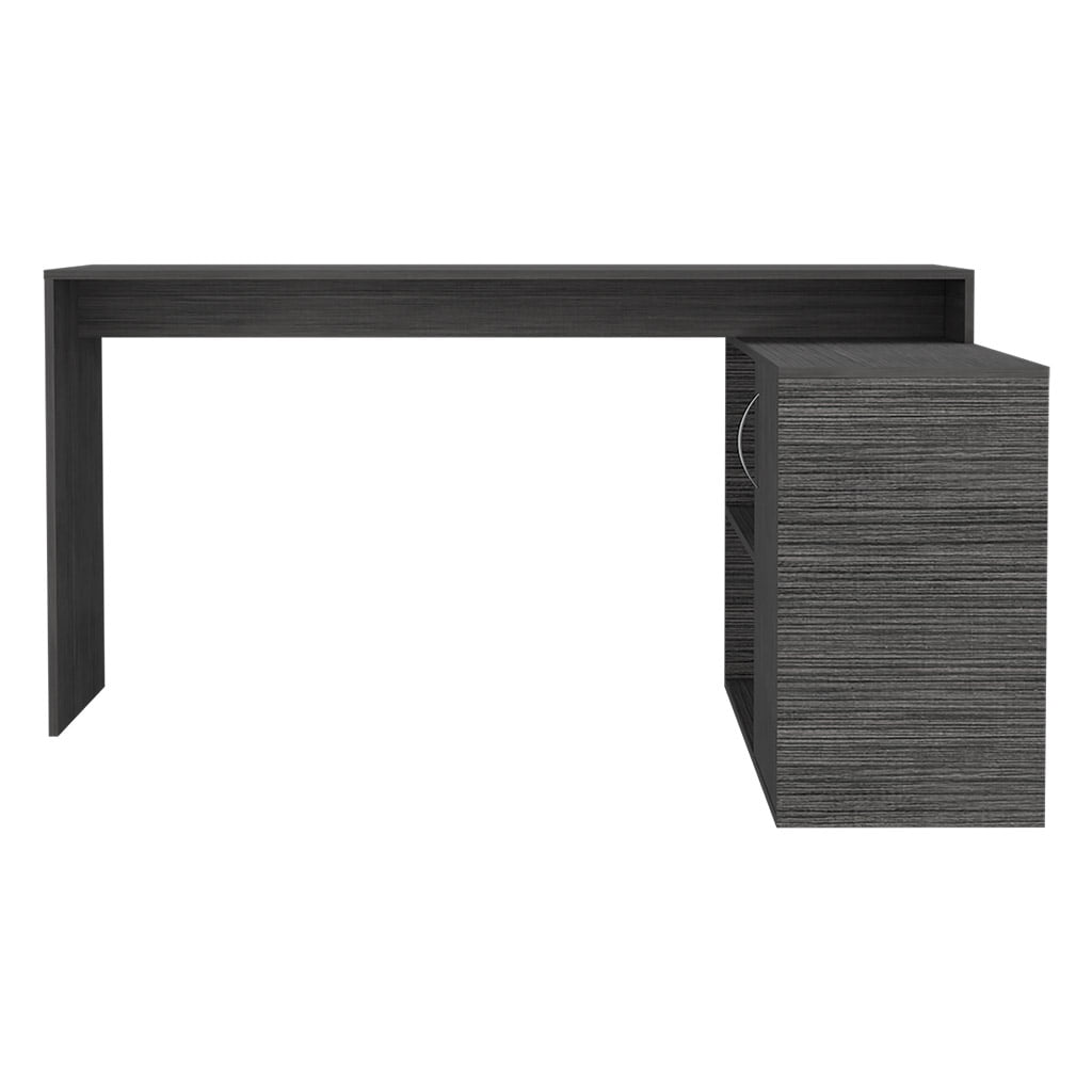 59 Inch Smokey Oak L Shaped Computer Desk with Open Shelves and Cabinet