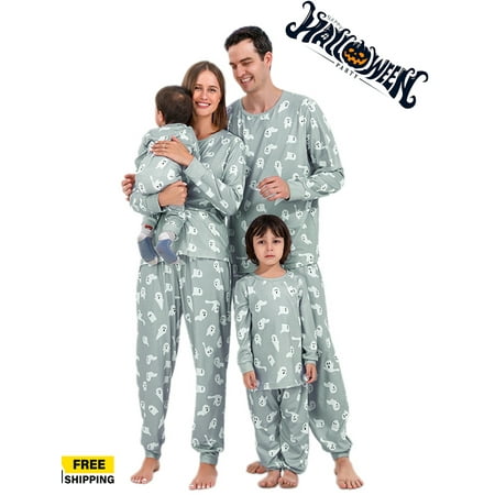 

ESASSALY Family Halloween Pajamas for Family Cartoon Ghost Print Long-sleeve Tops + Pants Zip Jumpsuit Pet Clothes
