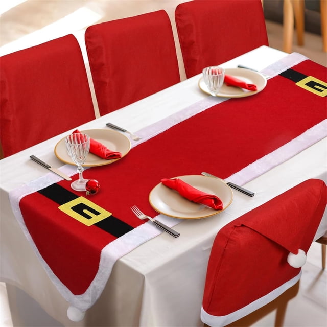 Mantel Juego De Camino De Mesa Y Fundas Para Sillas Navideñas, Tela No Tejida Roja Y Blanca, Para Decoración Navideña De Mesa De Comedor Y Cocina (1 Unidad) Rkxzt