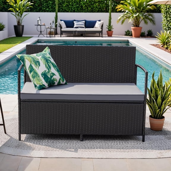 Loveseat PE Rattan Wicker Outdoor Furniture with Soft Cushions & Built-in Storage Space for Lawn Garden Backyard, Black