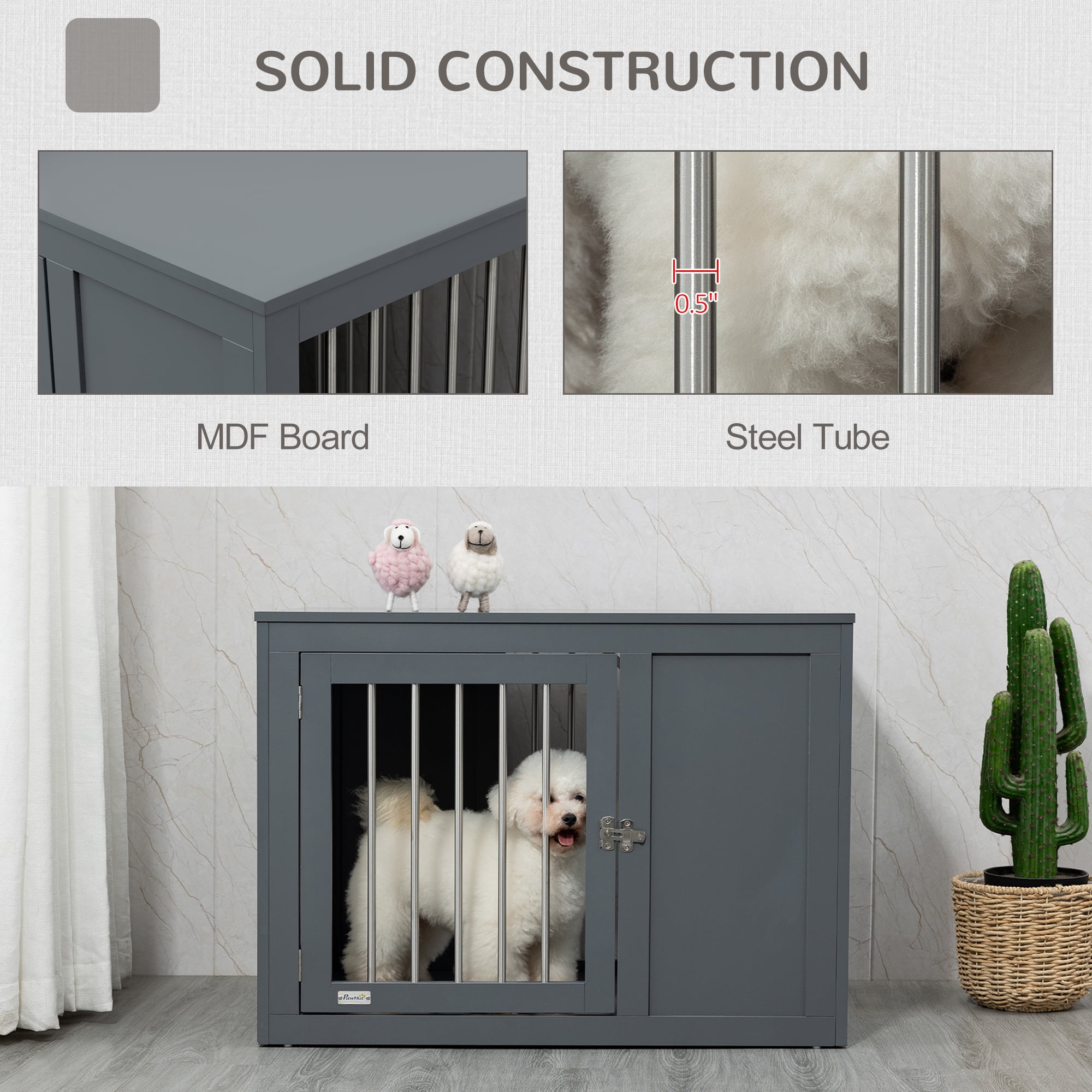PawHut Dog Crate Furniture Wire Pet Cage Wooden Dog Kennel, End Table with Double Doors, and Locks, for Medium and Large Dog House Indoor Use, Grey