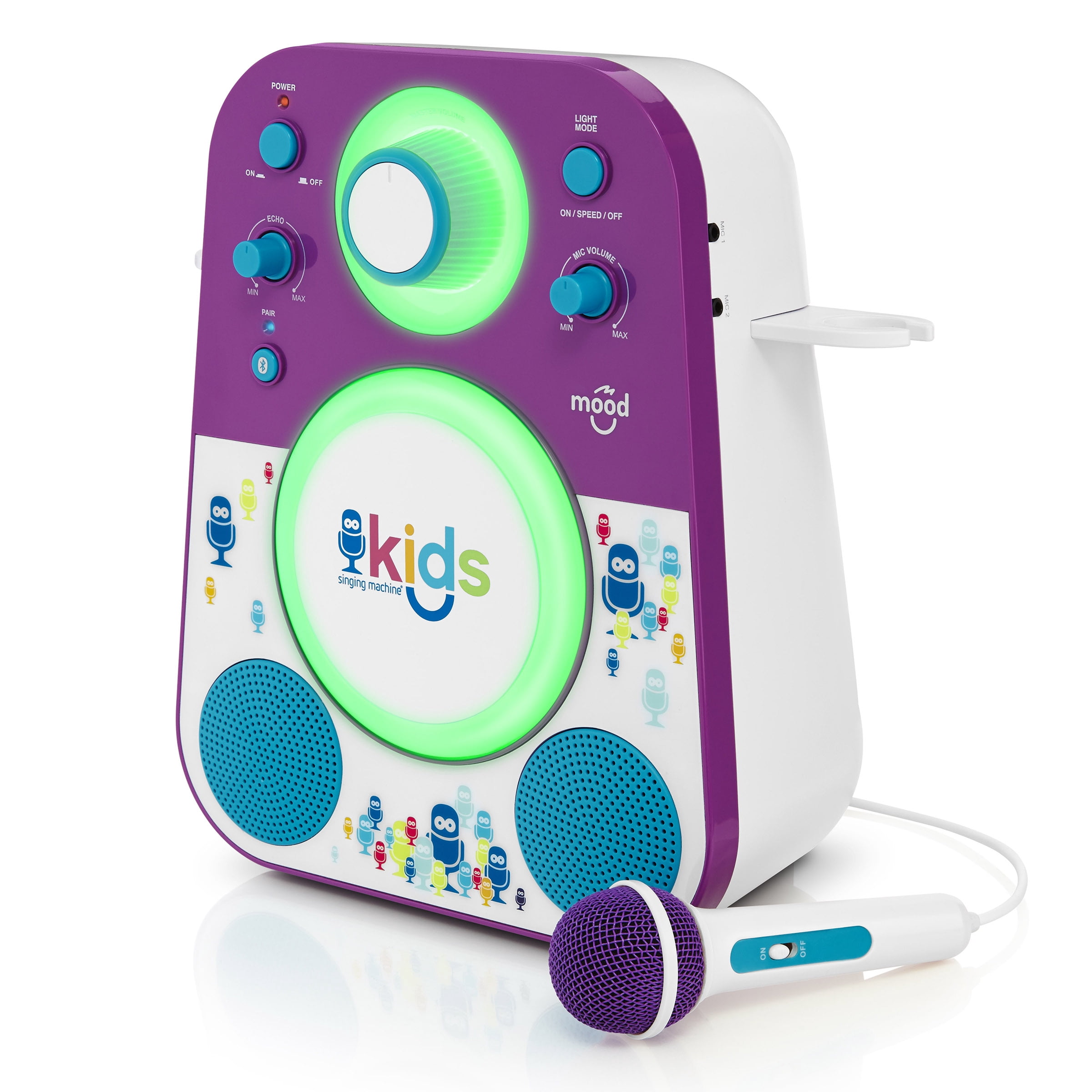 The Singing Machine Kids Mood LED Glowing Bluetooth Sing-Along Speaker with Wired Youth Microphone Doubles as a Night Light, Purple/Blue